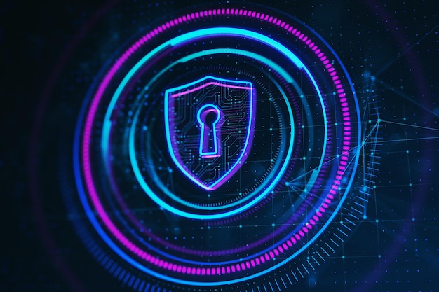 Bouton de bouclier polygonal rond numérique créatif sur fond sombre Concept de sécurité sécurisée et de protection Web rendu 3D