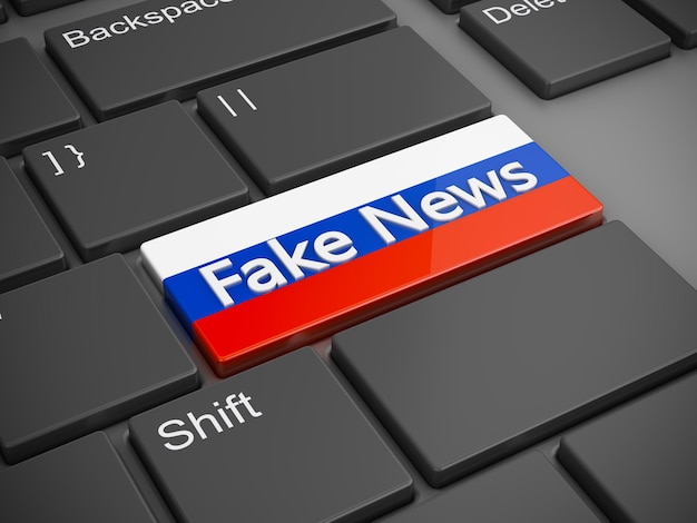 Photo un bouton sur le clavier avec le drapeau russe et l'inscription fake news rendu 3d