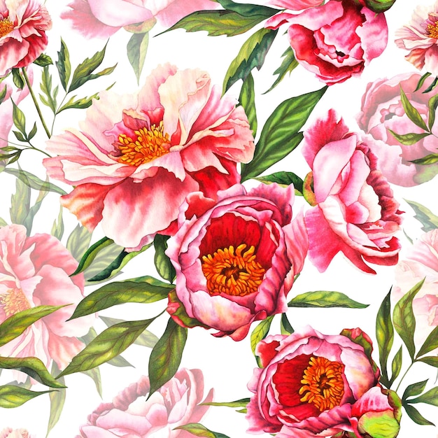 Bouton de péonie à l'aquarelle Motif sans couture de fleur en couleurs rose pastel avec des feuilles vertes Dessin à la main