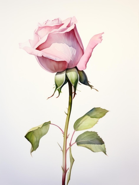 Bouton de rose aquarelle délicat projetant une ombre douce sur fond blanc généré par l'IA