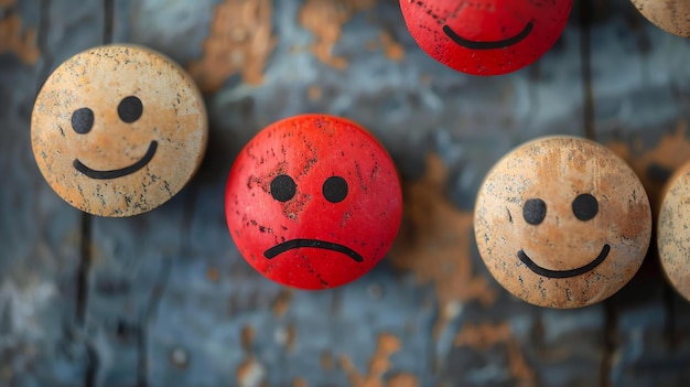 Photo un bouton de visage froncé de sourcils rouges se démarque d'un groupe de boutons à visage heureux