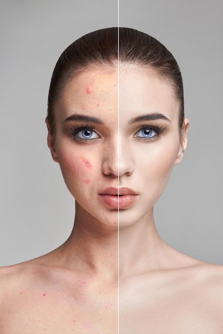 Photo boutons et acné sur le visage de la femme avant et après