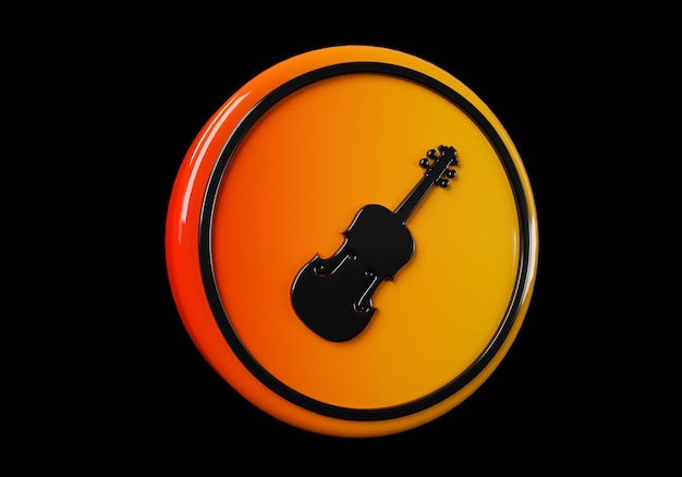 Boutons de bouton média violon Icône brillante avec cadre jaune et illustration 3d de réflexion sur fond noir