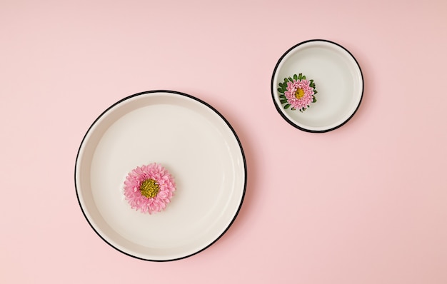 Boutons de fleurs de chrysanthème rose flottant dans de grands et petits bols ronds blancs avec de l'eau sur fond rose. Mise à plat naturelle minimale.