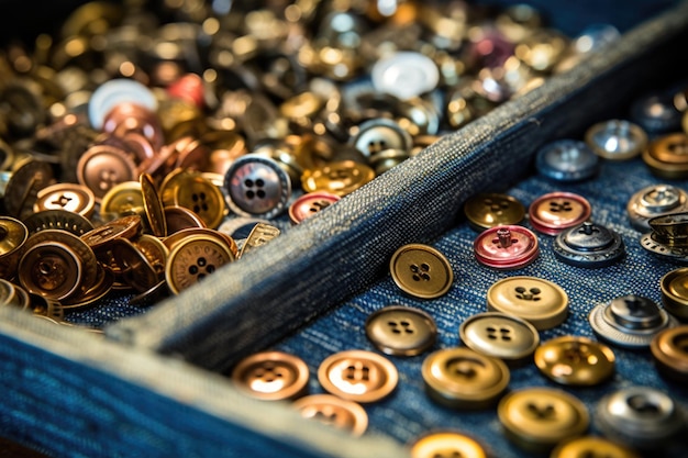 Photo boutons et rivets de jeans dans un plateau de fabrication créé avec une ia générative