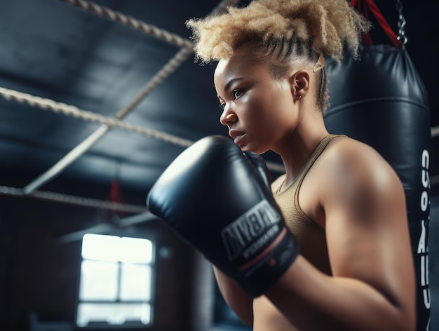 Photo boxer femme s'entrainant avec le sac ai generative