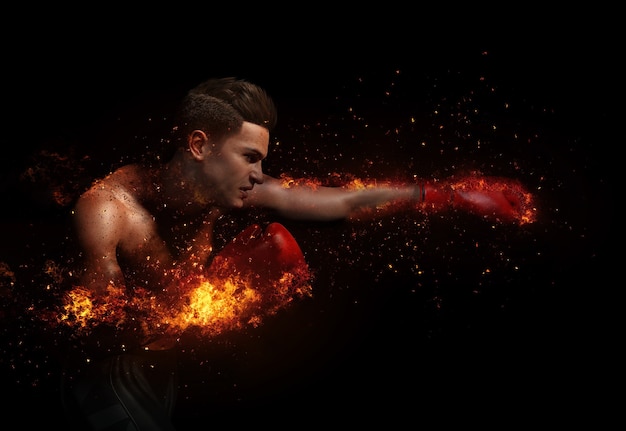 Boxer avec des gants en feu et particules