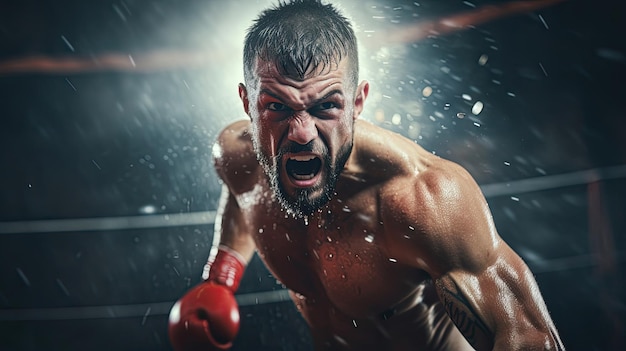 Un boxeur dans un match de boxe en ring lance un puissant coup de poing avec de la sueur coulant sur sa peau