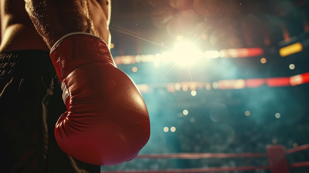 Boxeur prêt dans le ring avec des gants de boxe rouges