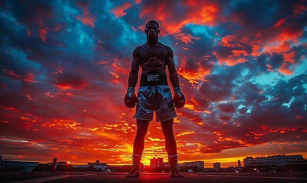 Photo un boxeur se tient devant un coucher de soleil avec les mots boxeur sur sa ceinture