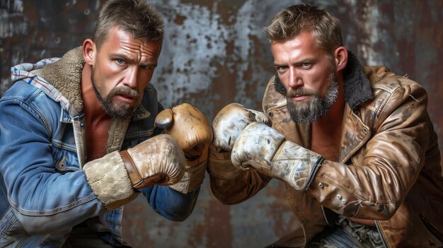 Photo des boxeurs robustes posent avec des gants vintage dans un décor gringouilleux