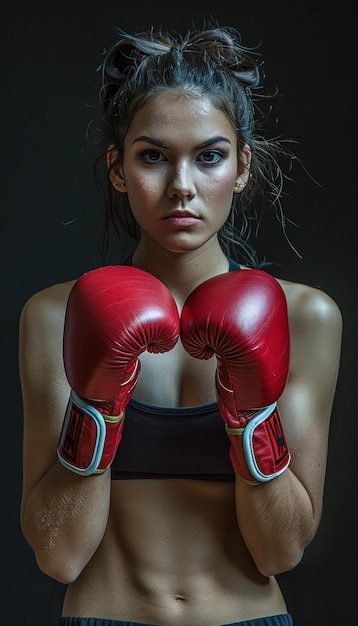 Une boxeuse déterminée en gants rouges.