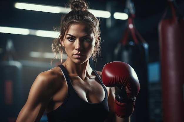 Photo boxeuse frappant un énorme sac de boxe dans un studio de boxe match sportif ai générative