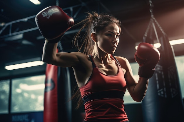 Boxeuse frappant un énorme sac de boxe dans un studio de boxe Match sportif Ai générative