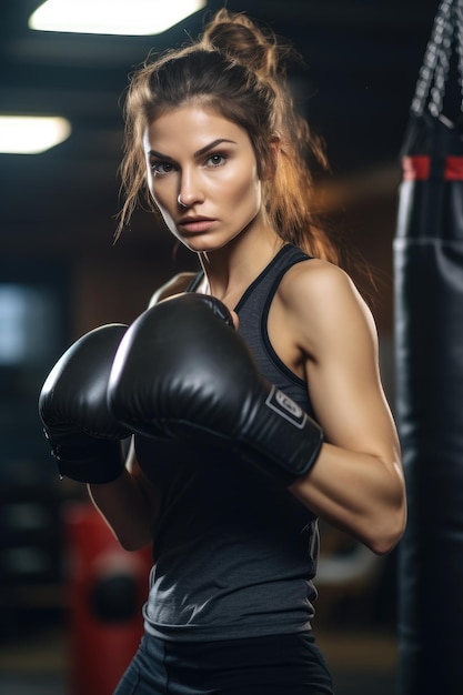 Une boxeuse posant avec des gants de boxe