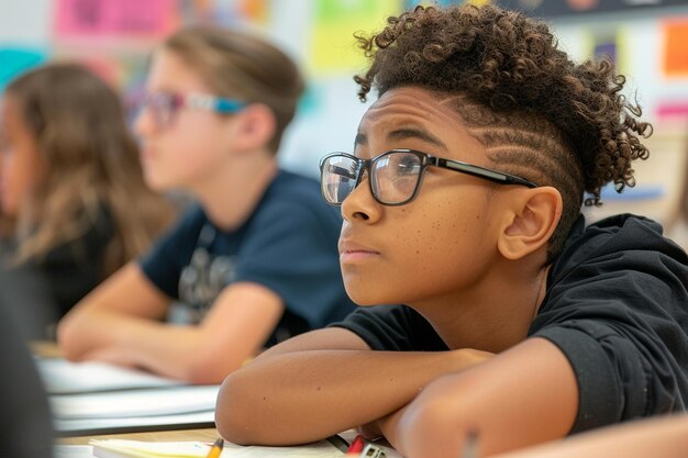 Photo a boy with glasses is laying on a desk and wearing glasses