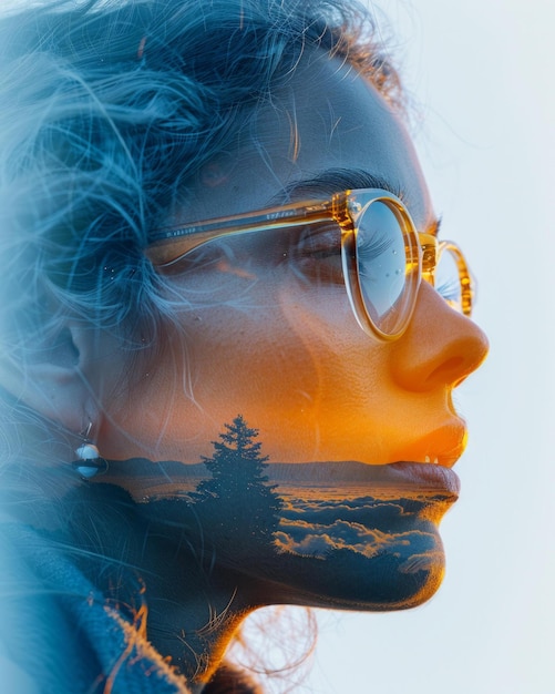 Photo bportrait of a woman with a double exposure of a sunset