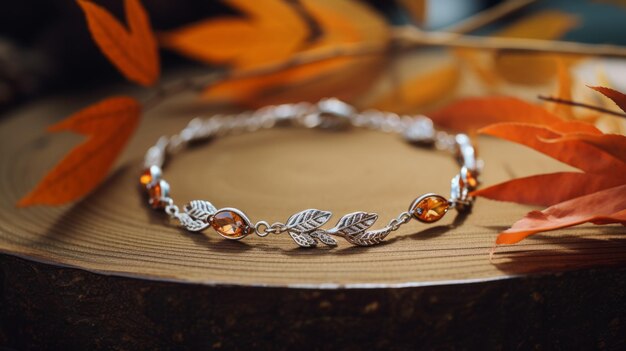 Bracelet d'argent inspiré de l'automne avec un dessin de feuille d'orange