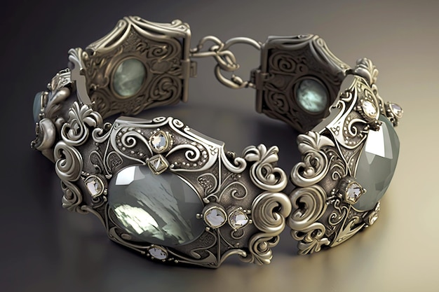 Bracelet en argent avec pierres grises et décorations en argent brillant