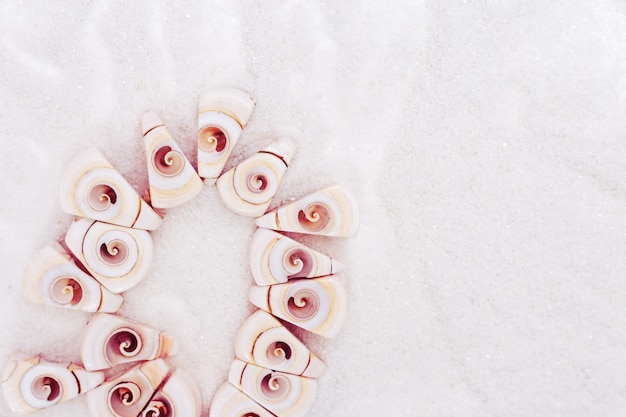 Photo bracelet coquillage couché sur fond de sable fin blanc. concept d'été. décoration pour les mains des femmes.