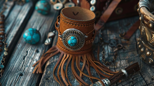 Un bracelet en cuir cousu à la main orné d'une pierre turquoise étincelante et de franges flottantes