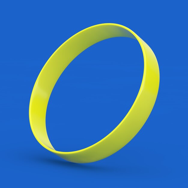 Bracelet à main en caoutchouc ou en silicone vierge jaune sur fond bleu. Rendu 3D