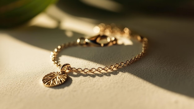 Un bracelet en or avec une breloque coquillage est posé sur une table.