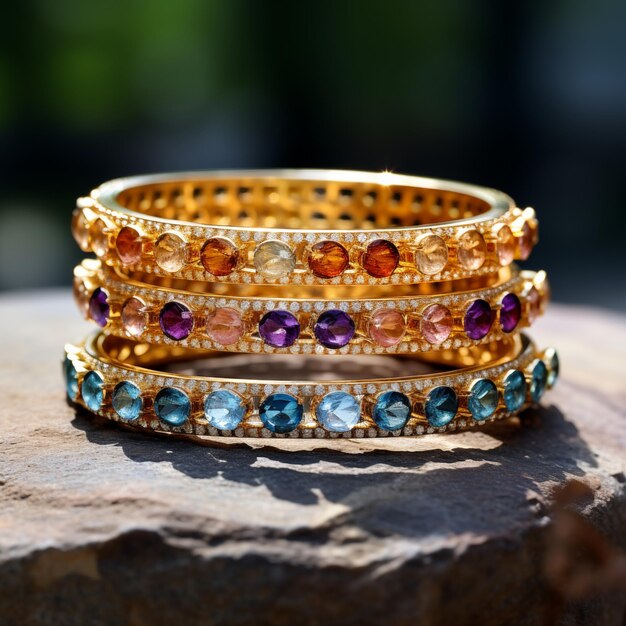 un bracelet d'or avec des pierres précieuses et des saphirs est posé sur un rocher