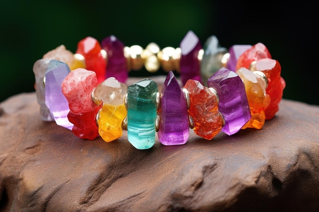 Un bracelet de perles aux couleurs de l'arc-en-ciel sur un cristal de quartz