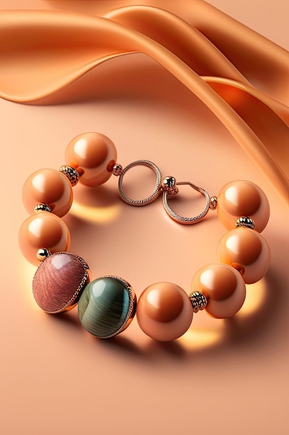Bracelet en pierres de jaspe naturelles perles isolées sur un fond beige pastel bijoux faits à la main