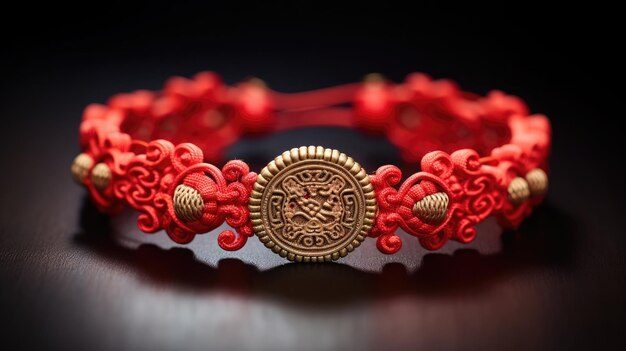 Un bracelet de talisman traditionnel chinois intricately tissé avec du fil rouge et orné