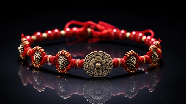 Un bracelet de talisman traditionnel chinois intricately tissé avec du fil rouge et orné