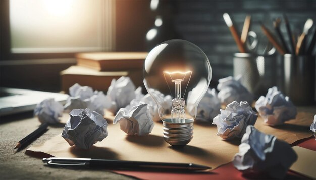 Photo brainstorming créatif avec une ampoule et du papier froissé sur le bureau