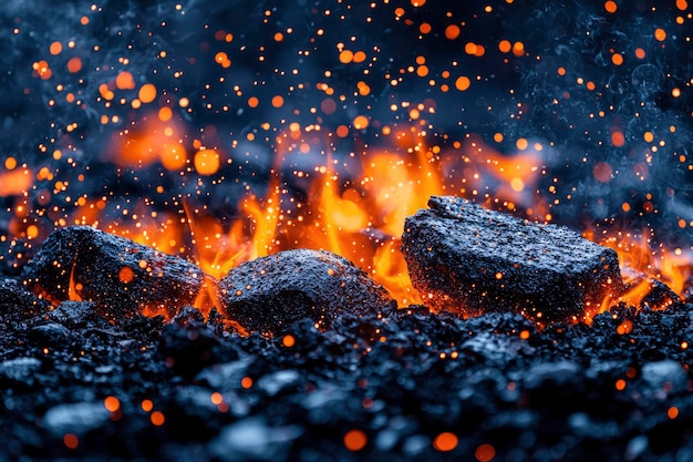 Des braises brillantes avec de la fumée et des étincelles