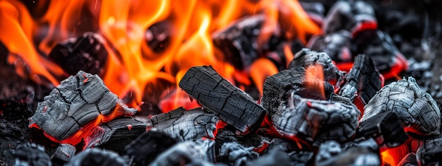 Photo des braises brûlantes et des flammes avec des étincelles en arrière-plan