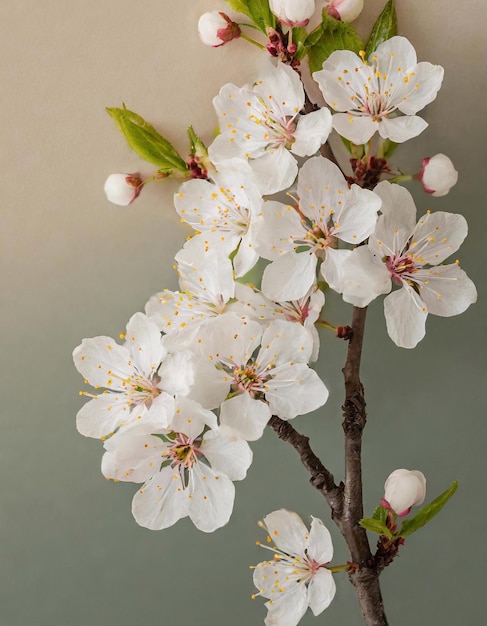 Branche d'abricot en fleurs sur un fond gris