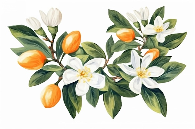 Une branche d'agrumes avec des oranges et des fleurs.