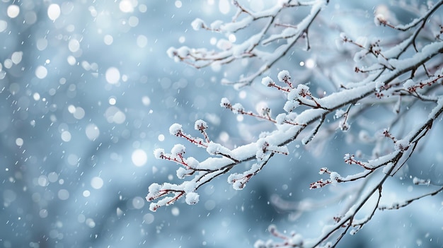 Branche d'ail recouverte de neige avec un fond flou