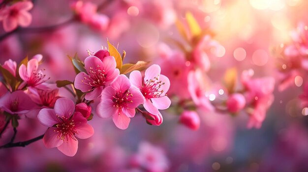 Branche d'amandier en fleurs au coucher du soleil