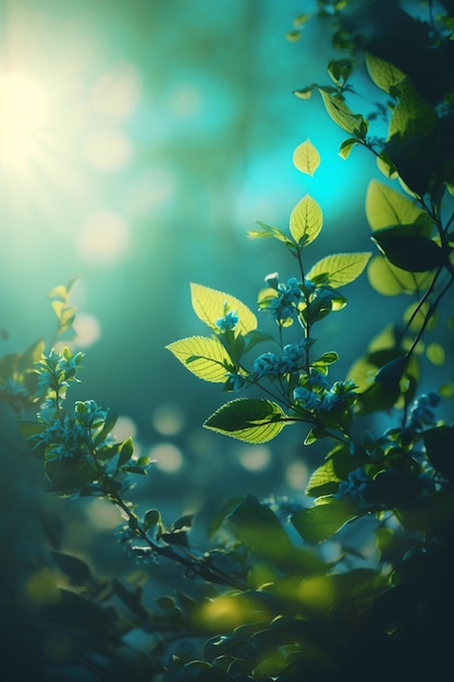 Une branche d'arbre avec des feuilles vertes et le soleil qui brille à travers les feuilles