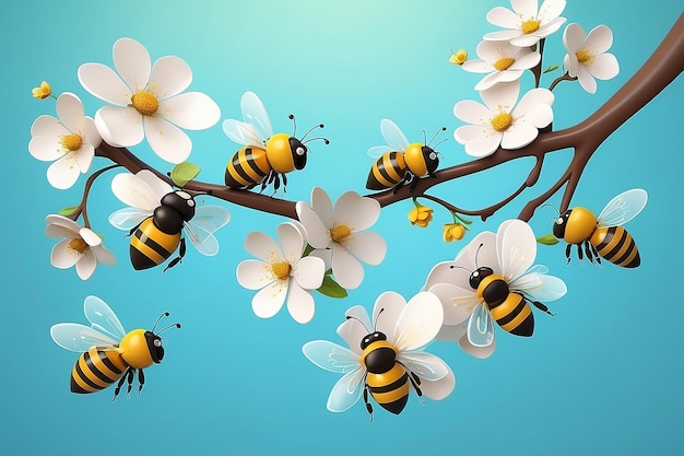 La branche d'un arbre en fleurs Les douces petites abeilles qui volent Illustration 3D Vector