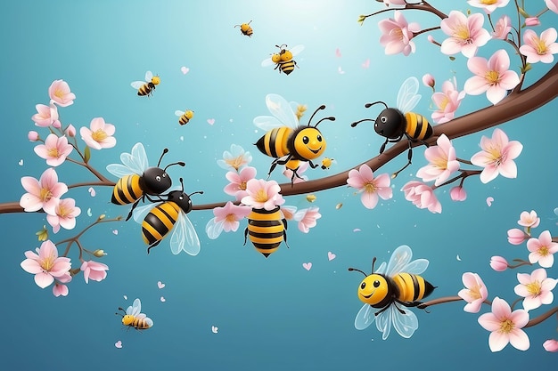 La branche d'un arbre en fleurs Les douces petites abeilles qui volent Illustration 3D Vector