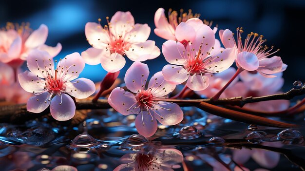 Photo une branche d'un arbre en fleurs fleurs stylisées roses et rouges de prune mei abricots sauvages et sakura