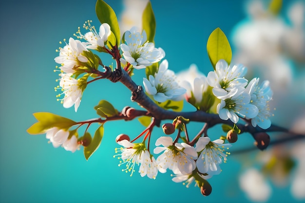 Branche d'arbre en fleurs sur fond de ciel bleu Generative AI