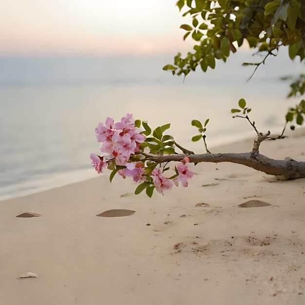 Photo une branche d'un arbre avec des fleurs roses et une plage en arrière-plan