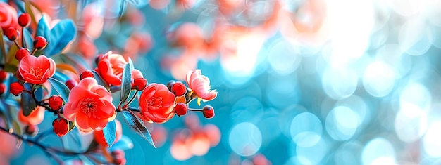 Une branche d'arbre avec des fleurs rouges et des baies sur un fond bleu copie de l'espace