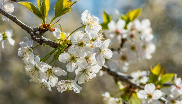 Branche d'arbre fruitier avec des fleurs en fleurs à l'arrière-plan naturel flou