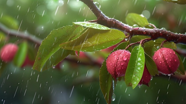 Une branche d'arbre avec des fruits roses sous la pluie