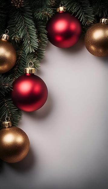 Branche d'arbre de Noël avec boules rouges et dorées sur fond gris