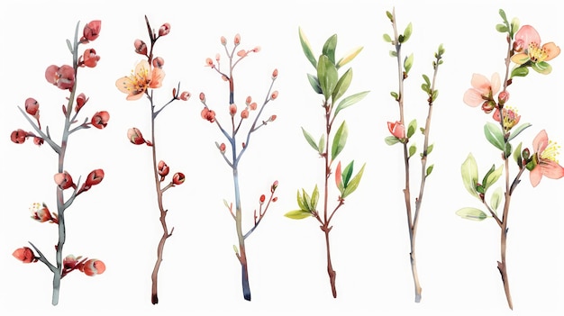 Branche d'arbre de printemps peinte à la main avec des bourgeons sur fond blanc AI générative